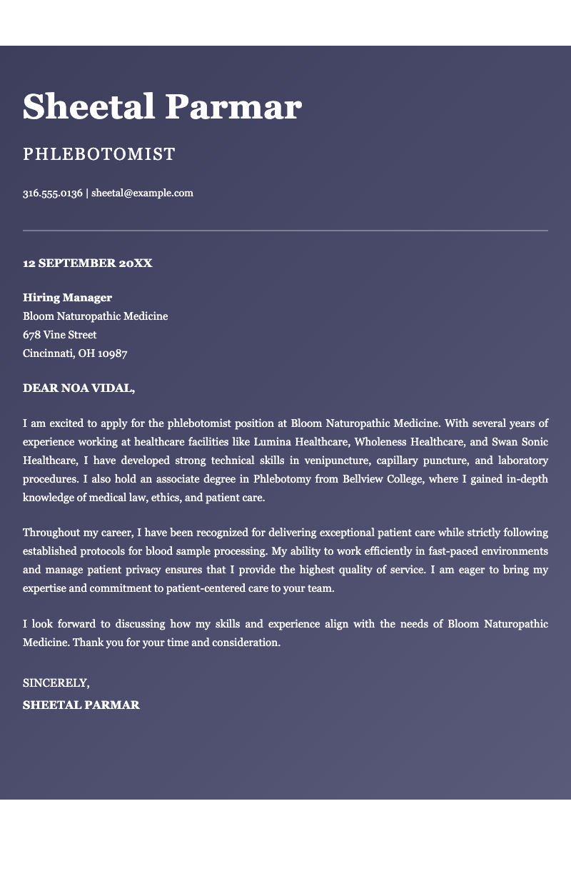 Simple ATS healthcare cover letter - ATS-ready healthcare cover letter with modern gradient design. Clean, serif layout highlights phlebotomy expertise and patient care.